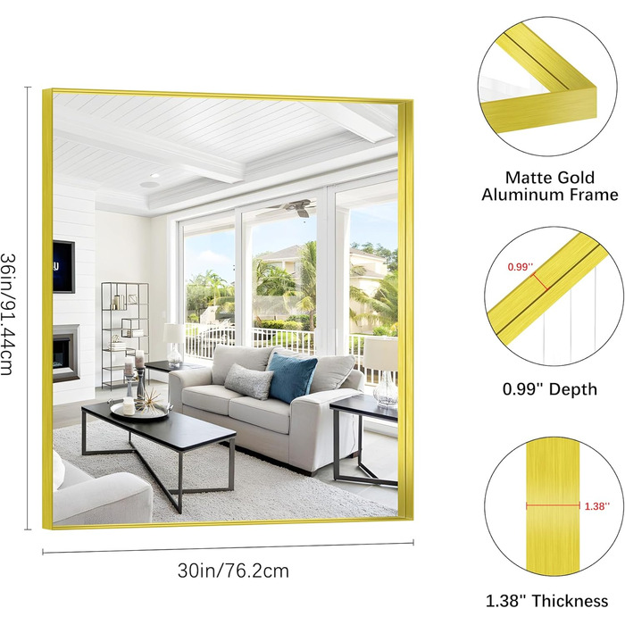 Дзеркало настінне прямокутне без рами 75x75 см, для ванної, спальні, вітальні, підвісне (золотий)