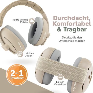 Захисні навушники від шуму для немовлят та дітей ZAZU (0-48 місяців), регульований набір з обручем та пов'язкою, бежевий