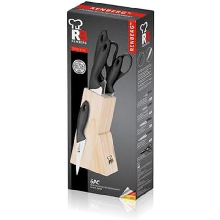 Набір кухонних ножів RENBERG Tenessy, 15 предметів з дерев'яною ручкою, нержавіюча сталь, професійний