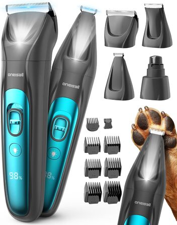 Oneisall 4-in-1 Pet Grooming Kit: Dog & Cat Hair Clippers, Trimmer & Nail Grinder with LED Light - Rechargeable Blue