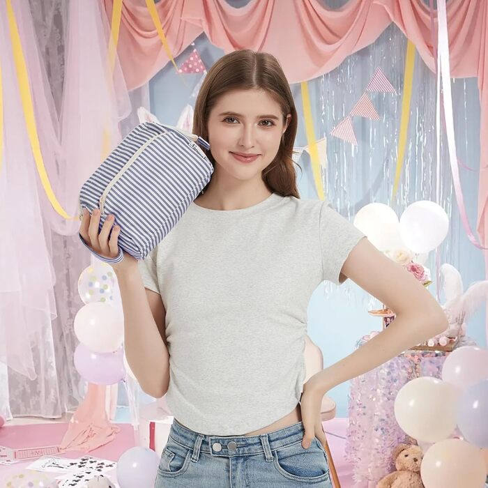 Косметичка жіноча Narwey для подорожей: велика, з широким відкриванням (сіро-блакитна смугаста)