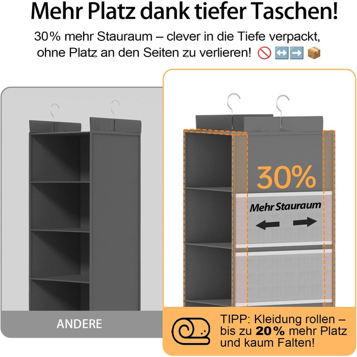 Організатор для шафи Extra Tief - 6-ярусний з 4 кишенями з сітки, для зберігання речей, ідеальний для студентів та кемпінгу (Сірий)