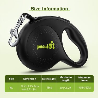 Рулетка для собак Pecute 8м, 50 кг, зелена, з антиковзним руків'ям та швидкою зупинкою