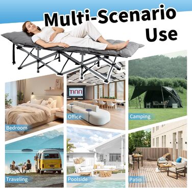 Ліжко складане кемпінгове LEADZM з матрацом, сталевий каркас 190x71x36 см, сіре - для дому, природи, подорожей