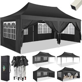 COBIZI Pavilion 3x3 Waterproof, Stable, Winter-Proof Party Tent 3x3 with 4 Side Walls Pop-Up Folding Pavilion UV Protection 50+ Garden Pavilion with Handbag, 8X Pegs and 4X Wind Rope, (Black, 3x6 m)