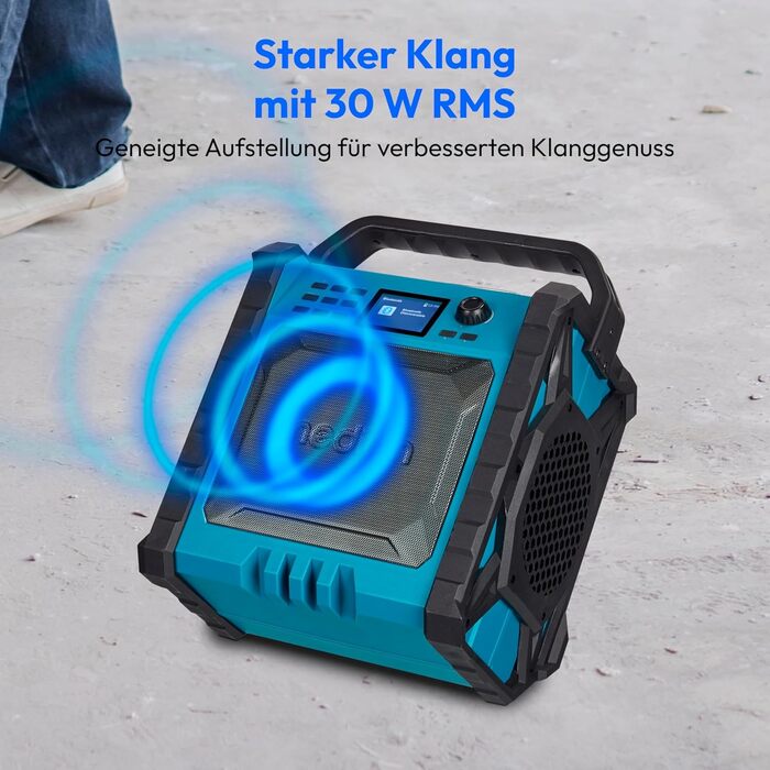 MEDION E66877 Радіо для будівельних майданчиків DAB+ Bluetooth з LED-ліхтарем (IP44, акумулятор/мережа, вертикальне) блакитне