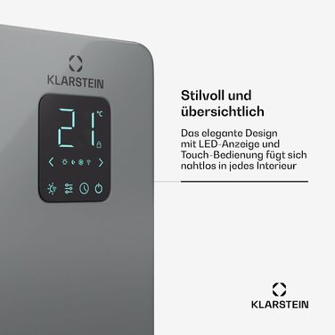 Конвекторний обігрівач Klarstein Bansin Smart 2500 Вт з керуванням через додаток, X-подібний нагрівальний елемент, захист від перегріву, IP24, сірий