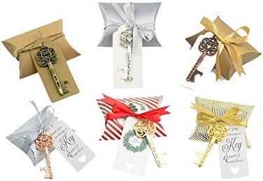 Makhry 50 Pcs Vintage Key Bottle Openers Wedding Key Skeleton Key Bottle Openers Wedding Favors Set with Pillow Boxes and Tag (Antique Silver)