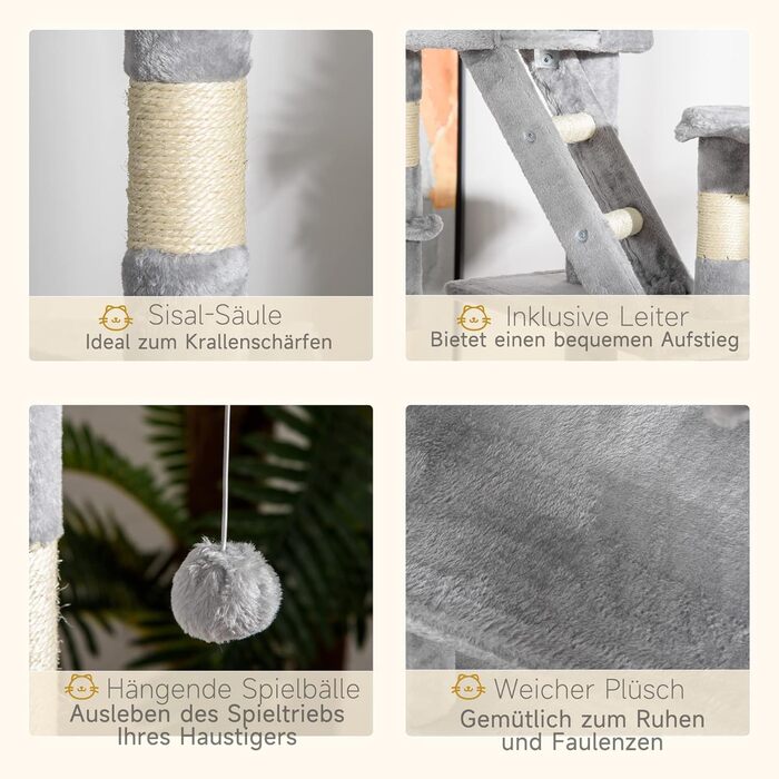 Когтеточка PawHut для котів, 240-260 см, багатоповерхова, з гамаком, платформами, сизальними стовпами та м'якими іграшками (сірий)