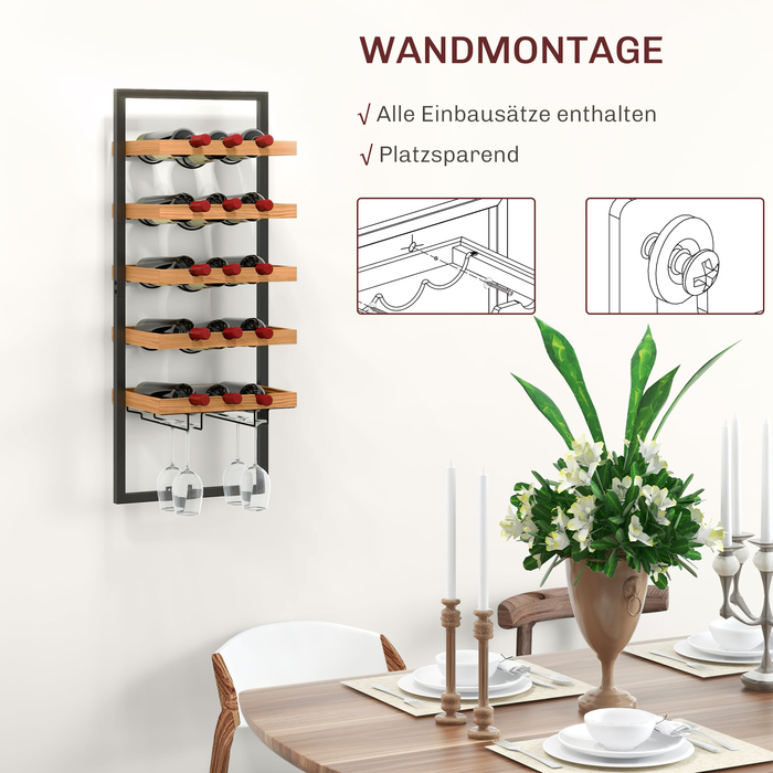 HOMCOM Wall-Mounted Wine Rack with 5 Tiers, Stackable Wine Bottle Holder, Wine Stand for 15 Bottles and 4 Glasses, Pine Wood, Steel, for Kitchen, Dining Room, Bar, Brown | Aosom