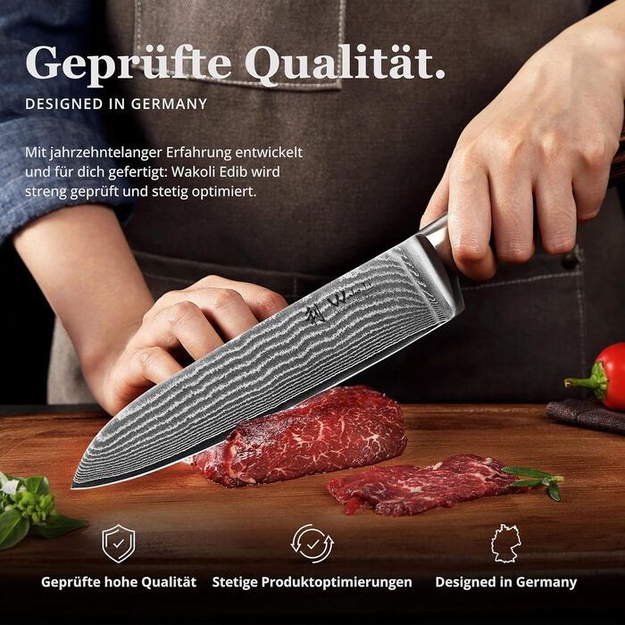 Набір кухонних ножів Wakoli EDIB Damast 4 шт. з 67 шарів дамаської сталі (VG10) з дерев'яною ручкою. Включає: Сантоку, Офісний ніж, Ніж для м'яса. У подарунковій коробці (без гравіювання, без підставки)