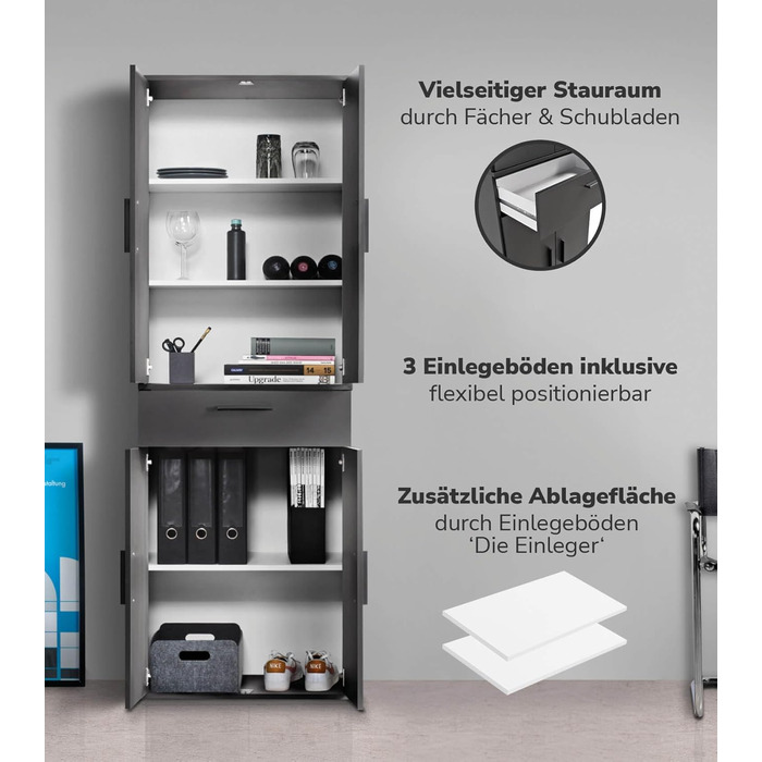 Multi-purpose cabinet 60cm wide with drawers 'The Practical', small office cabinet or filing cabinet, also usable as a shoe cabinet or storage cabinet in 60x90x34 cm (W/H/D) in White (Height 180CM, Anthracite Black)