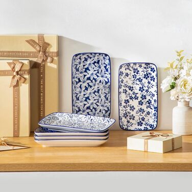 Набір сервірувальних тарілок Vancasso SELENE (6 шт.) - великі, прямокутні, порцелянові, для свят, сніданків, фуршетів, сирної тарілки, мікрохвильова піч та посудомийна машина, блакитно-білі