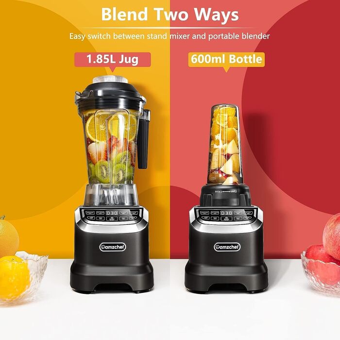 AMZCHEF Mixer Smoothie Maker - 2000W Blender - High-Performance Mixer with LED Timer - 6 Professional 3D Blades - 22000 RPM Stand Mixer - 1.85 Liter Bottle and 600ml Portable Bottle 2000W Black