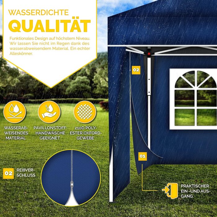 tillvex® for 3x3m Pavilion | Folding Pavilion Side Panels Water-Repellent | Side Windows & Zipper | Side Walls for Garden Tent Party Tent (4x Side Wall, Blue)