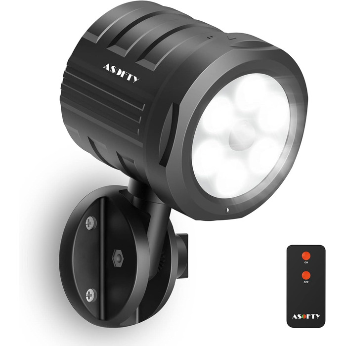 ASOFTY Motion Sensor Outdoor Battery Spotlight with Remote Control, 6 LED Wireless Battery-Powered 1000LM Spot Lamps, IP65 Waterproof Security Lamps for Garden, Garage, Indoor & Outdoor (Black)