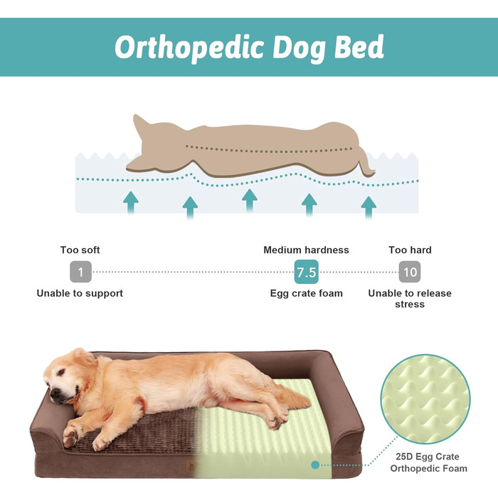 Ортопедичне ліжко для собак, маленьких порід, вологостійке, з бортиками, з підтримуючого пінополіуретану, зручне, знімний, пральний чохол, вологостійке дно, неслизьке (M, 91x69x19 см, Колір: Коричневий)