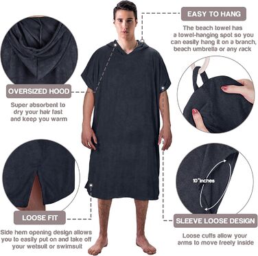 Surf Poncho Hooded Changing Towels Quick Dry Beach Change Robe for Adults Men Women Waterproof and Sandproof Bathrobe for Surfing Swimming Bathing Oversized Black