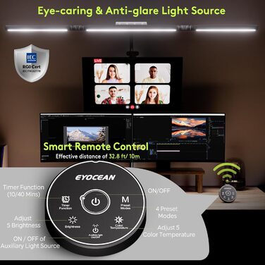 Настільна лампа для робочого столу з 3 джерелами світла, 24W, 100см, денне світло, з пультом дистанційного керування, регульована яскравість, лампа для монітора, модель «Лебідь», матовий чорний колір