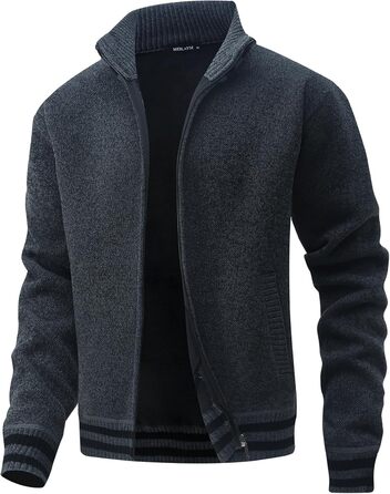 Чоловічий светр з кишенями та коміром-стійкою, флісова підкладка, кардиган, повсякденний зимовий светр, куртка на блискавці, теплий, манто (сірий, L)