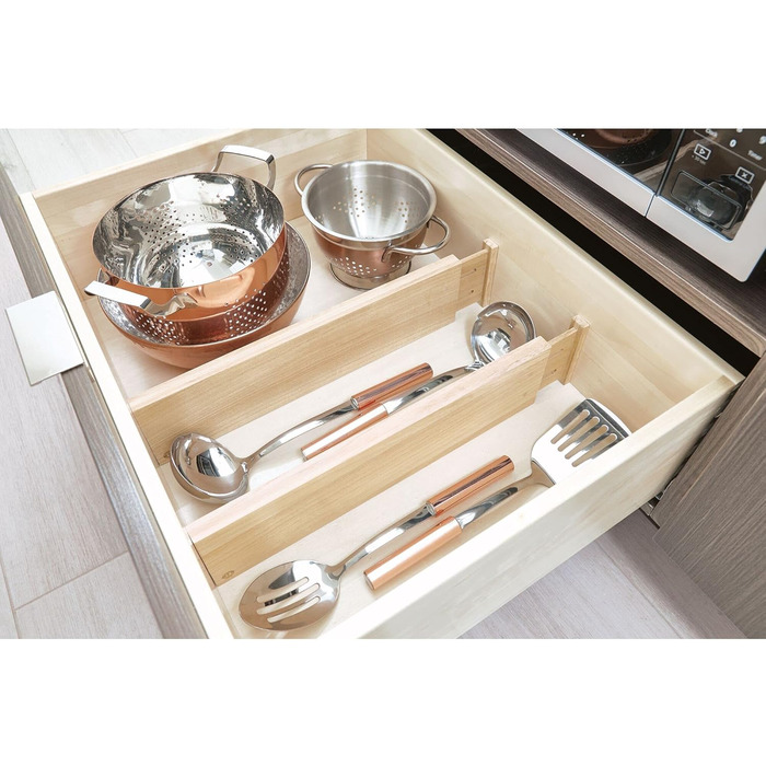 iDesign 2-Piece Drawer Divider System for the Kitchen, Adjustable Size Drawer Insert made of Paulownia Wood, Drawer Organizer for Cutlery and Kitchen Utensils, beige