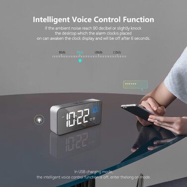 Будильник HOMVILLA Digital з великим LED-дисплеєм температури, подвійний будильник, повтор, регулювання яскравості та 10 мелодій для спальні (срібний)