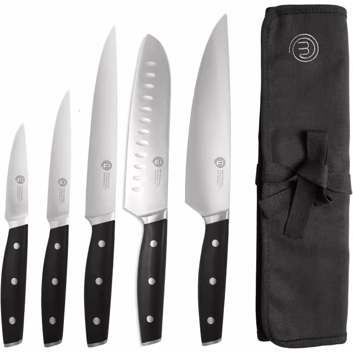 MasterChef Knife Set with Knife Bag, Kitchen Knife Set including Chef's Knife, Santoku Knife, Vegetable Knife, Paring Knife & Slicing Knife, 5-Piece Set, High-Carbon Stainless Steel