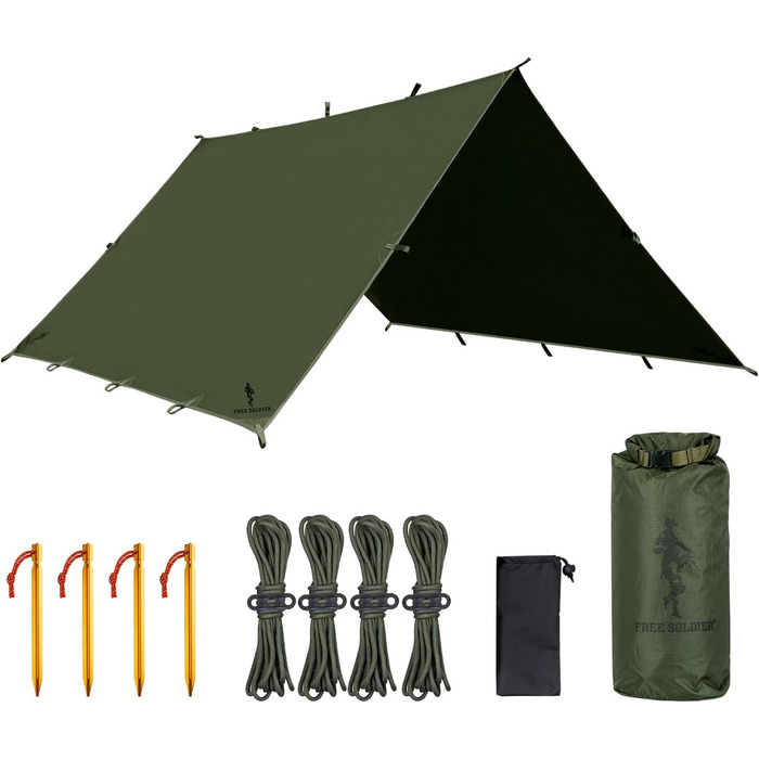 FREE SOLDIER 3x3.2m Tarp - Waterproof, UV Protection, Lightweight Camping Shelter - Military Green