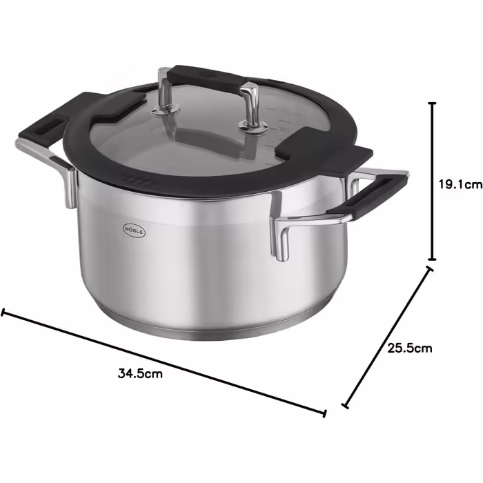 RÖSLE SILENCE PRO Cooking Pot, High-quality universal pot made of stainless steel 18/10, 24 cm, glass lid, internal scale, induction-compatible, dishwasher-safe, Silver/Black Ø 24 cm Cooking Pot