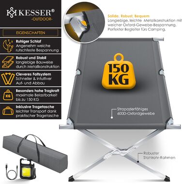 Кемпінгове ліжко KESSER® розкладне з сумкою, ліхтарем та бічною кишенею. Стабільне металеве ліжко для відпочинку та подорожей, 150 кг, 190/210 см. Оксфорд 600D.