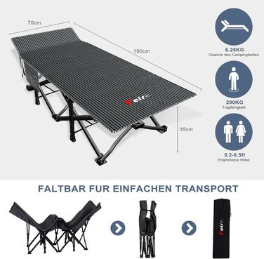Кемпінгове ліжко Peirhw: складане, широке, з матрацом, до 200 кг, легке та портативне для подорожей