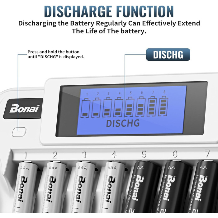 Зарядний пристрій BONAI для акумуляторів 9 слотів LCD, універсальний, інтелектуальний зарядний акумулятор з функцією розряду для AA/AAA/9V NI-MH акумуляторів