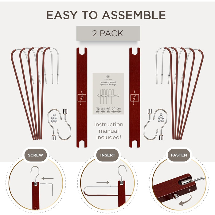 Дерев'яні вішалки для одягу Moralve, 2 шт., для шафи - вішалки для джемперів, хусток, джинсів, економія місця, махагон