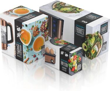 Електричний чайник та тостер SET з нержавіючої сталі та міді. Чайник 1.7л, 2200W з функцією підігріву. Тостер на 2 тости, 1000W з підставою для булочок та 6 рівнями підсмажування.