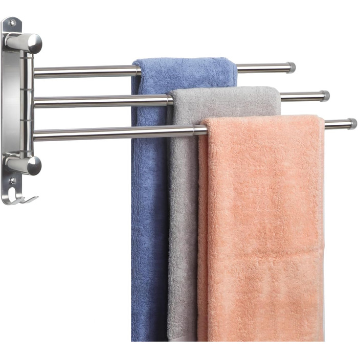 Тримач для рушників JSVER поворотний на 180°, з нержавіючої сталі 304, 3 висувні ручки до 50 см, для кухні, ванної кімнати, гардеробу, сріблястого кольору