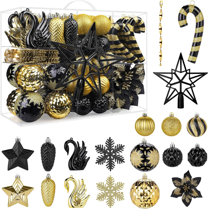 Набір прикрас для ялинки Alupssuc 128 шт. - ялинкові кулі, квіти, орнаменти, червоно-золотий, для свят, вечірок, з гачками