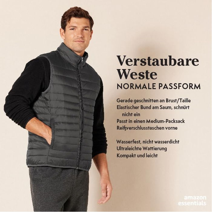 Чоловіча розпакувальна жилетка Amazon Essentials, легка, водостійка, чорна, компактна