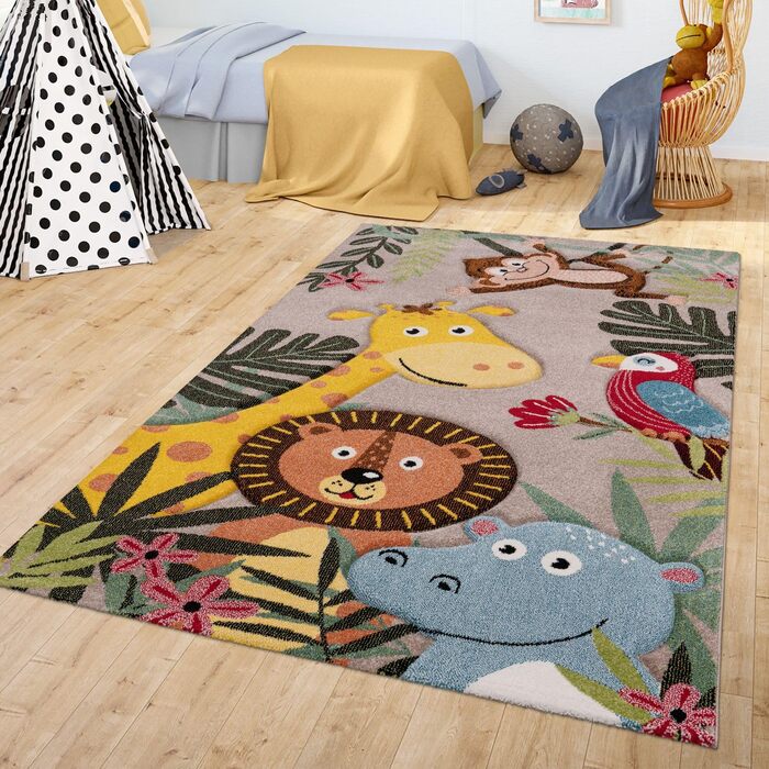 Дитячий килим TT Home Джунглі Зоо Тварини Жираф Змія Лев Мавпа Зелений 140x200 см (160x230 см, Бежевий Джунглі)