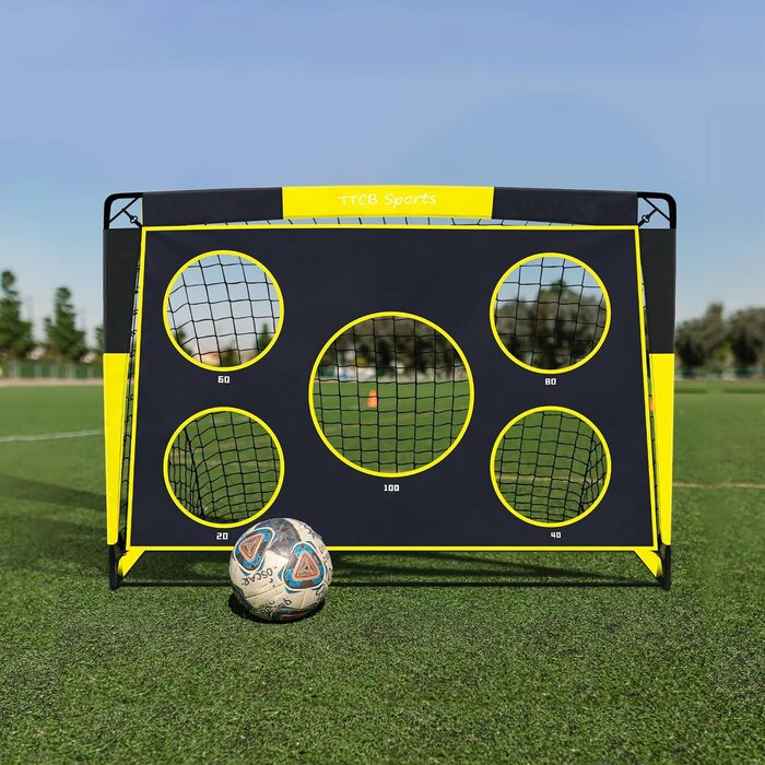 TTCB Sports 2-in-1 Kids Soccer Goal - Outdoor Football Goal with 5 Target Zones, Pop Up Soccer Goal Net & Carry Bag, Ideal for Football Training Equipment or Gifts for Boys (Yellow, 90x90x120cm)
