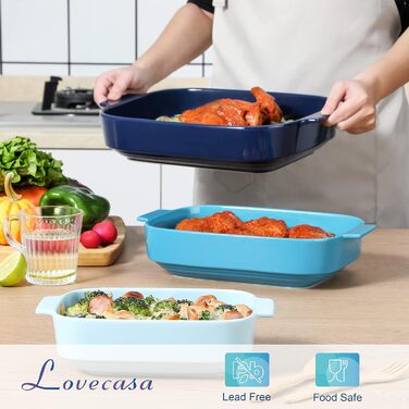 Набір керамічних форм для запікання LOVECASA, 3 шт, прямокутні, різнокольорові, з ручками, 1300/2400/3300 мл, для лазаньї, запіканок і пирогів