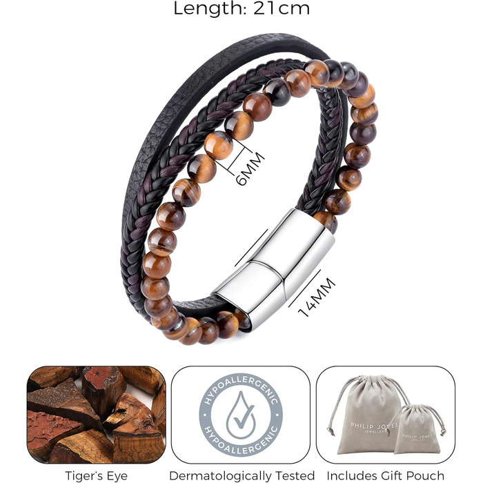 Чоловічий браслет Tigerauge з натуральної шкіри Philip Jones