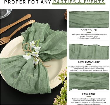 Set of 40 Gauze Cloth Napkins, Crinkled Dinner Napkins, Salvia Green, Rustic Boho Napkins, Soft Cotton, Table Napkins, Decorative Fabric Napkins for Wedding, Party
