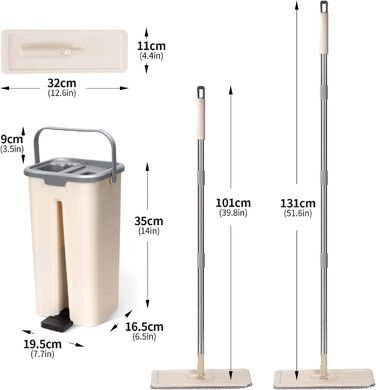 Набір для миття підлоги з відром, Masthome: компактний моп з відром та вичавкою, 3 мікрофібрових насадок, нержавіюча сталь, 2-в-1, для дерев'яних, плиткових та мармурових підлог, бежевий, 2.9л