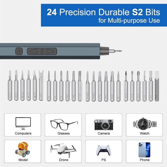 Dinow 30 в 1 Електричний набір викруток, акумуляторний, з LED-підсвічуванням, 2 швидкості, регулювання крутного моменту. Підходить для ремонту ноутбуків, окулярів, годинників, DIY-робіт