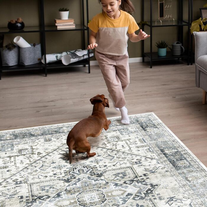 OMERAI Rug Living Room - Large Rug 200X290CM Rug Cyan Oriental Style, Short Pile Carpet - Washable in Washing Machine Boho Vintage Rug Cyan 200 x 290 cm