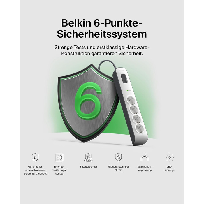 Мережевий фільтр Belkin з захистом від перенапруги, 6 розеток, 2 м кабель, 650 Дж, для дому та офісу