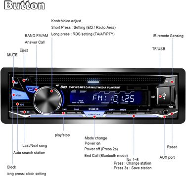 Hengweili автомагнітола 1DIN з CD/DVD, Bluetooth, FM/AM, App-керуванням, USB, SD, AUX, MP3