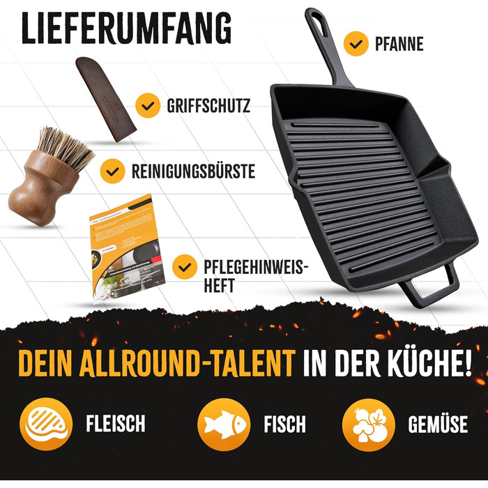 Чавунна гриль-сковорода емальована 26 см, з рифленим дном для стейків, підходить для всіх плит