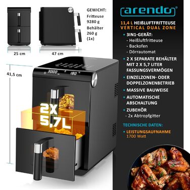 Фритюрниця Arendo XXL Dual Zone з 2 камерами – 11,4 л, 13 програм, 3D циркуляція повітря, BPA-free, функція Sync & Match