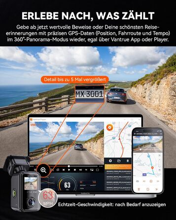 Панорамний відеореєстратор VANTRUE E360 5.2K Dual STARVIS 2 HDR 360°, сенсорний екран 1.54